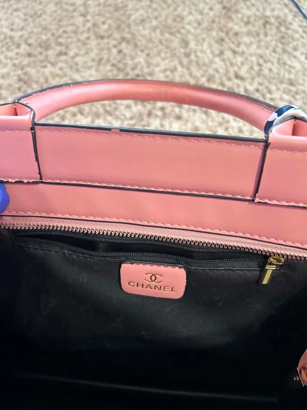 CHANEL Pink Logo Embossed Leather Tote with Printed Strap and Scarf